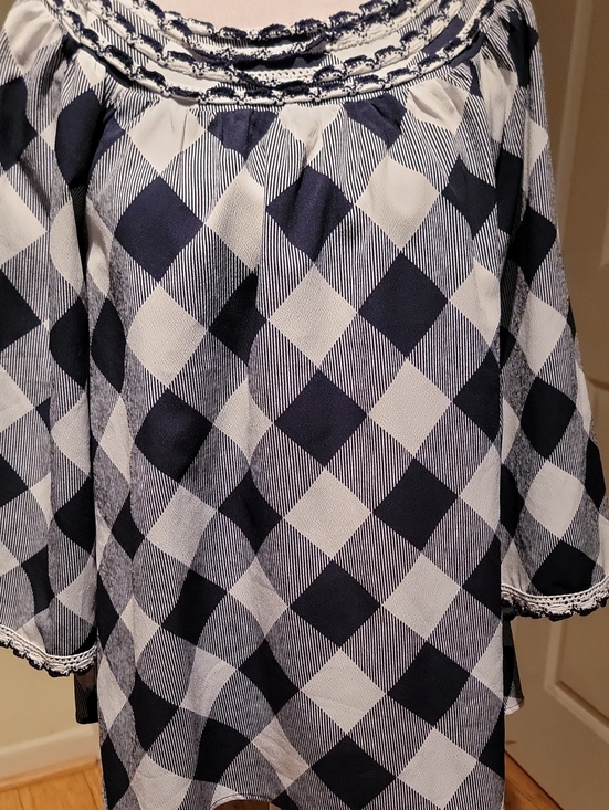 crown & ivy Tops - Crown And Ivy Women's Blue and White Checked Boat Neck Top